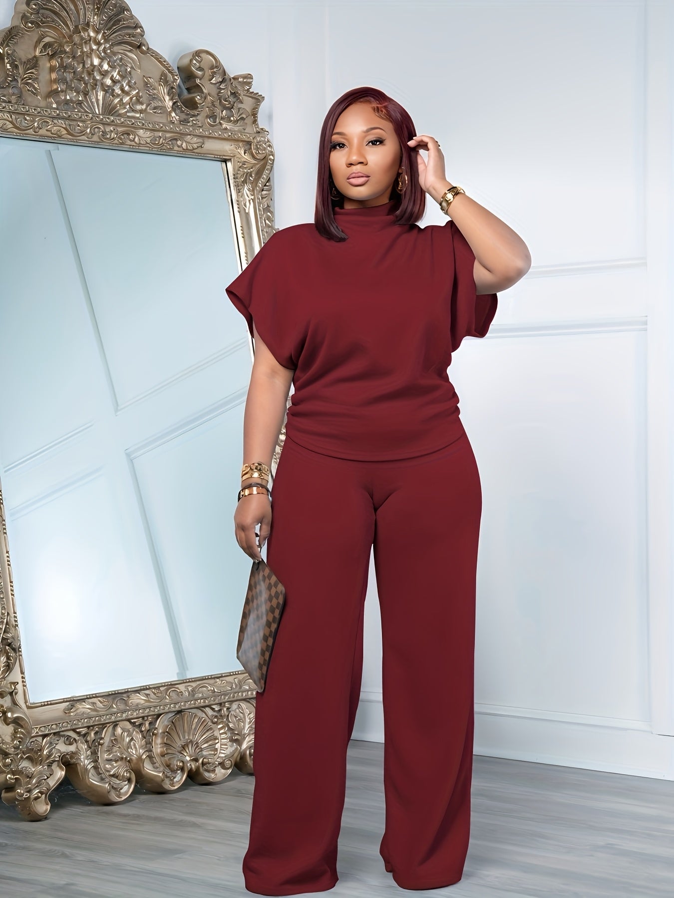Women's Spring And Summer Two-piece Casual Set Short Sleeved Semi High Neck Loose Top Wide Leg Pants Set, Casual Sports Set
