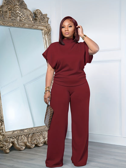 Women's Spring And Summer Two-piece Casual Set Short Sleeved Semi High Neck Loose Top Wide Leg Pants Set, Casual Sports Set