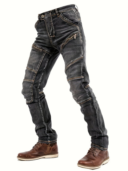 Men's Vintage Washed Motorcycle Pants - Slim Fit Stretch Denim with Elastic Panels, Mid-Stretch Comfort & Zipper Closure, Machine Washable All-Season Casual Riding Jeans