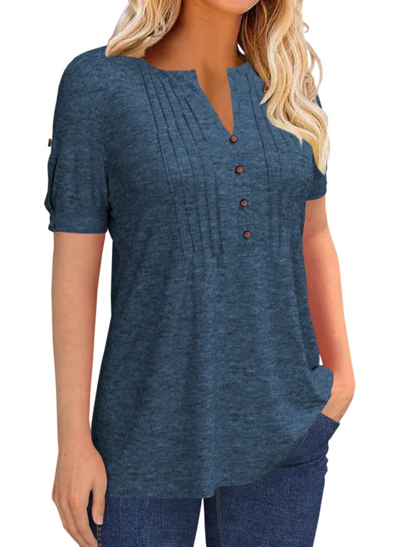 Casual Short-Sleeve Blouse for Women with a Solid Color, Featuring a Pleated Design, Buttoned V-Neck, And a Zipper