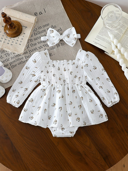 Baby Girl's Long-Sleeve Floral Romper And Bowknot Headband Set - Suitable for Babies Aged 3-24 Months, Perfect for Outdoor