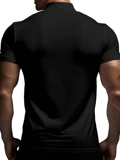 5pcs Men's Mock Neck Compression T-Shirts, Slim Fit Quick-Dry Athletic Tees, Breathable Polyester Workout Shirts for Gym, Training, Cycling, Running & Casual Outdoor Sports