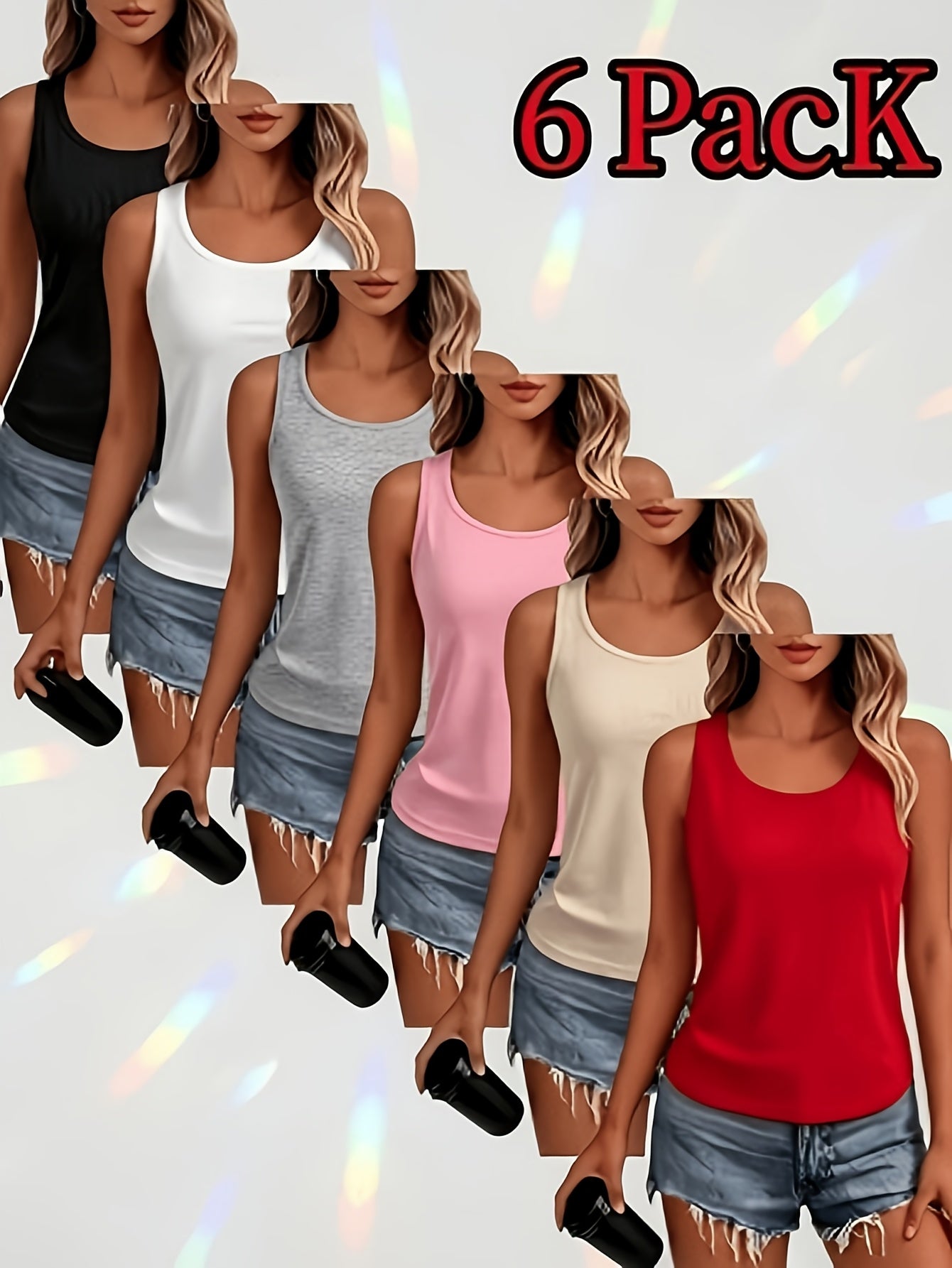 6pcs Women's High-Stretch Breathable Sleeveless Vests - Solid Color Round Neck Basic Layering, Athletic Blouses Suitable for Daily Wear, Gym, Office, Machine Washable, Non- Opaque Shirts