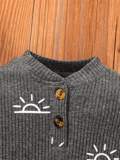 Kukitty Baby Boys Clothes Newborn Ribbed Long Sleeve Romper with Sun Pattern Pants Hat Outfits Set, for Outdoor