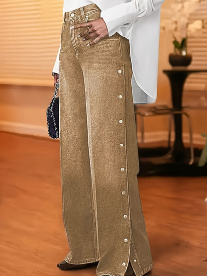 Wide Leg Denim Jeans with Side Snap Buttons, High Rise, Classic Blue Wash