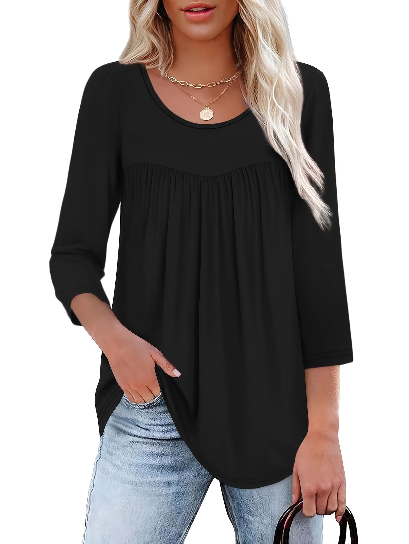 Three-piece Women's 3/4 Long-sleeved Top, Fashionable Ladies' Casual Loose Shirt, Round-neck Pleated T-shirt