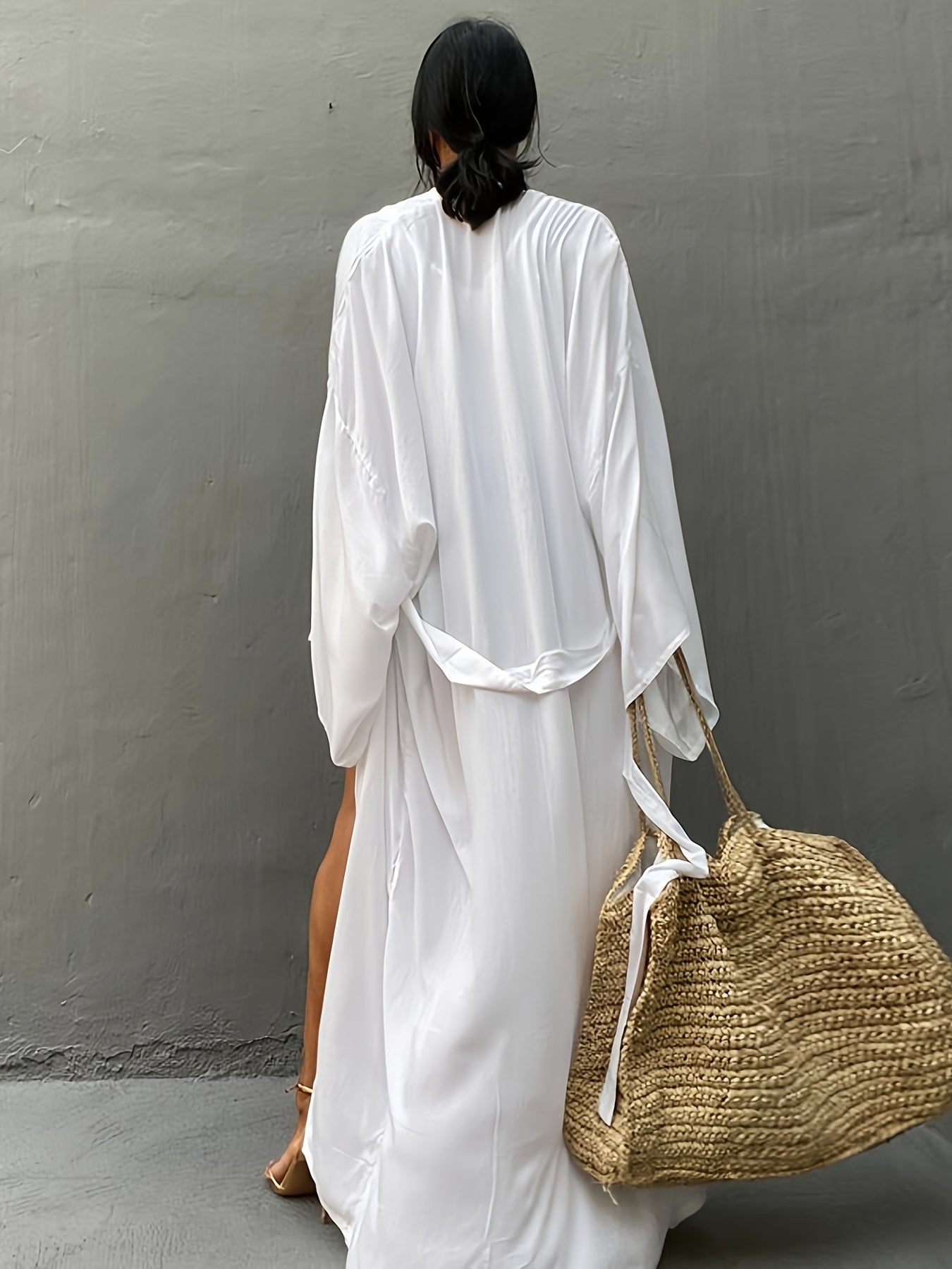 Women's Beige Kimono Cardigan - Casual V-Neck, Long Sleeve with Tie Waist, Lightweight Beach Cover-Up Dress, Breathable & Semi-Sheer for Vacation Layering, Casual Layering Piece|Flowing Beachwear|Breathable Fabric