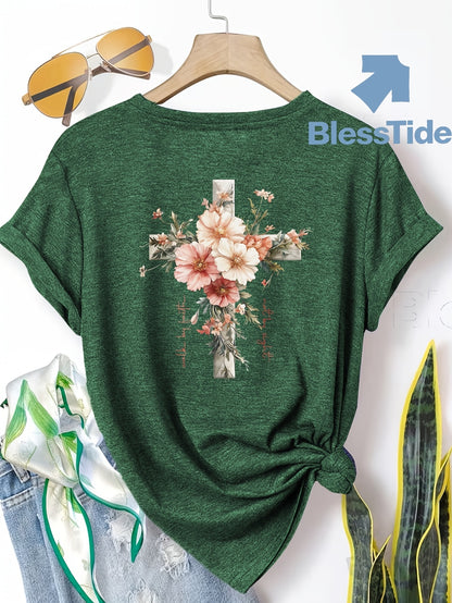 Jesus Floral Cross Double-Sided Print T-shirt - Stylish Faith-Inspired Design for Casual Wear, Perfect for Christian Women, Trendy and Comfortable -blend T-shirt with Double-sided Print