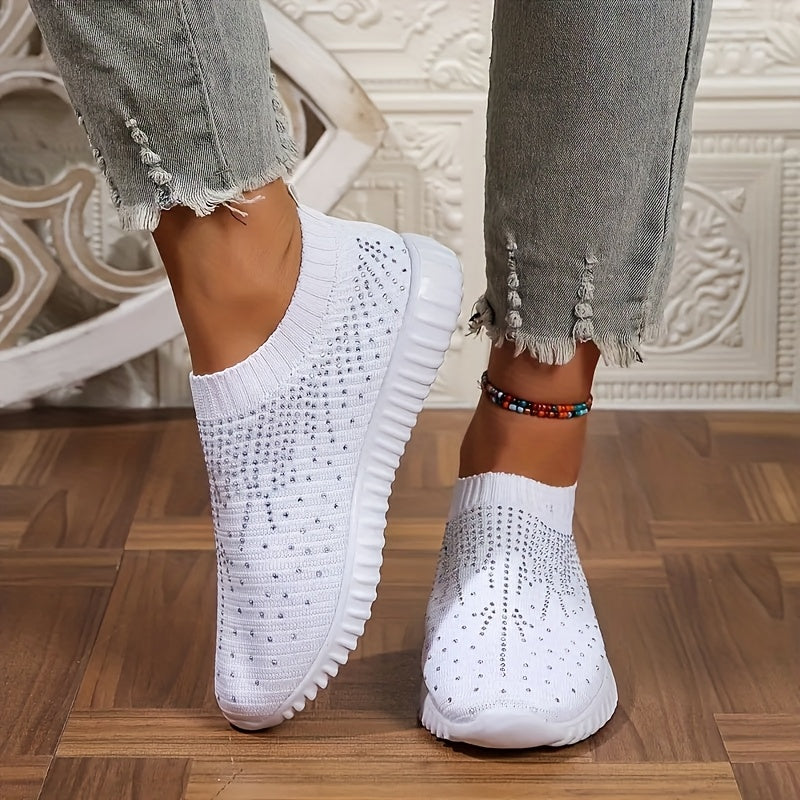 Women's Rhinestone Slip On Sneakers Sparkly Knit Walking Shoes Comfort Breathable Mesh Athletic Footwear Casual Bling Tennis Shoes Flat Loafers for Daily Wear Work Travel Trendy Lightweight Ladies