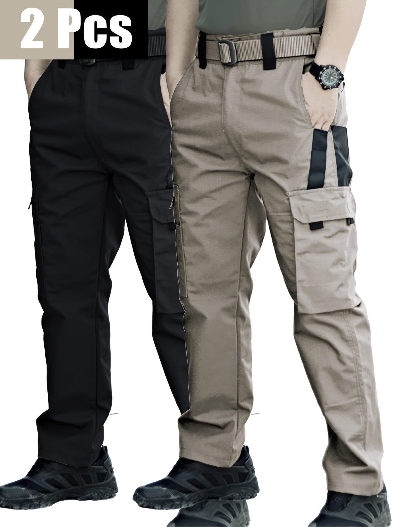 2 Pairs of Men's Tactical Cargo Pants, Outdoor Construction Hiking Multi-pocket Durable Casual Tactical Trousers | Adjustable Waistband | Hiking and Mountaineering Gear (waistband Not Included)