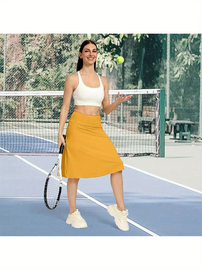 Scacto Women's Office-Ready Midi Skirt- Built-In Shorts, Hidden Drawstring, Zippered Pockets, Business Casual