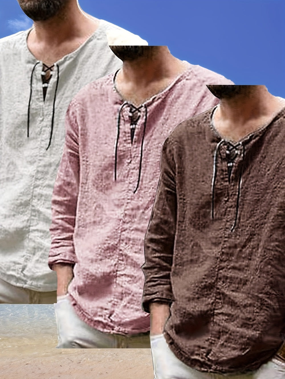 Men's Lace Detail Casual Shirt - V-Neck Long Sleeve