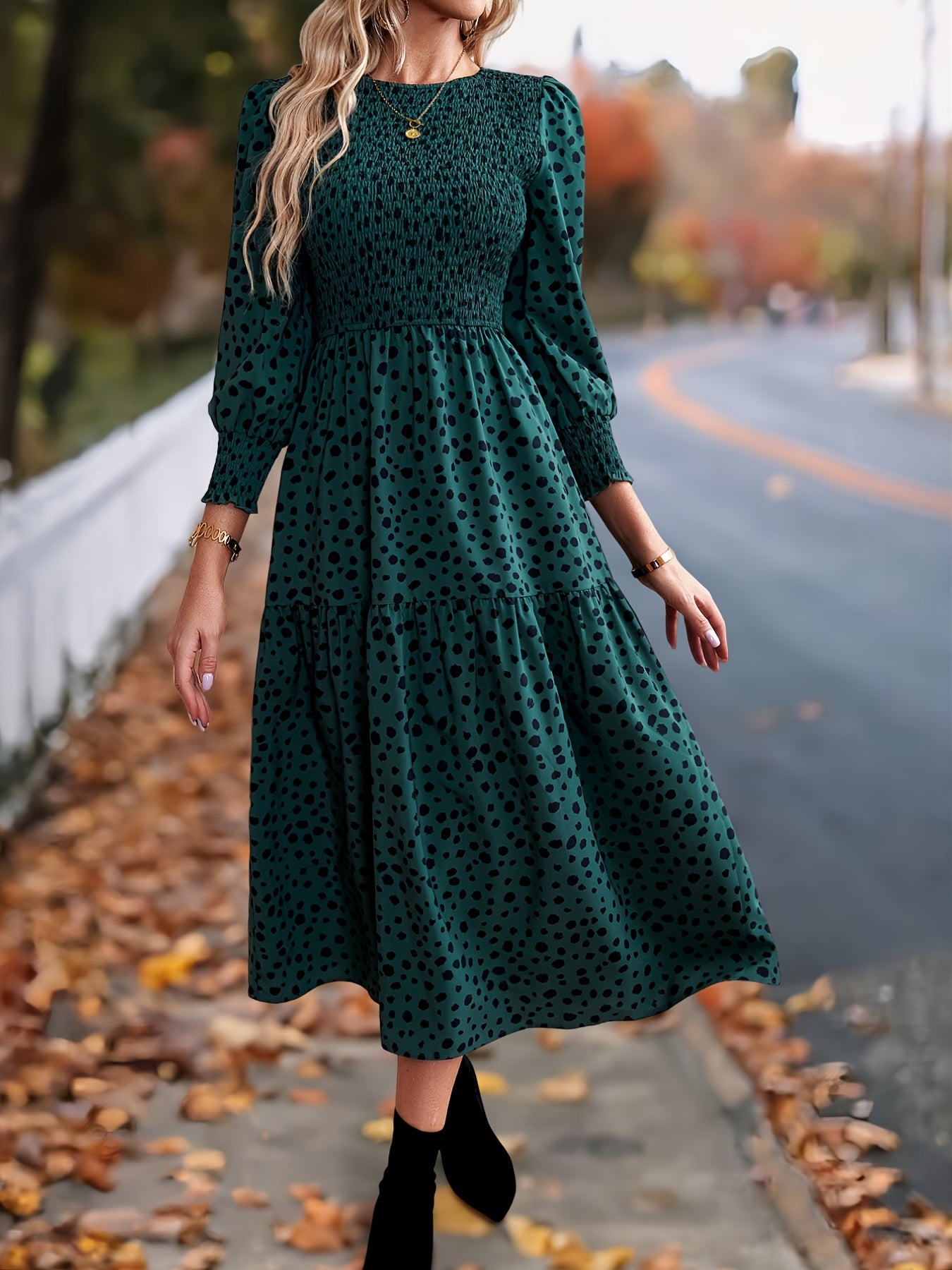 ZAFUL Spring Women's Clothing, Elegant Dress for Ladies with Long Sleeves and Round Neck Leopard Print, Commuting Elegant Dress, Women's Long Skirt
