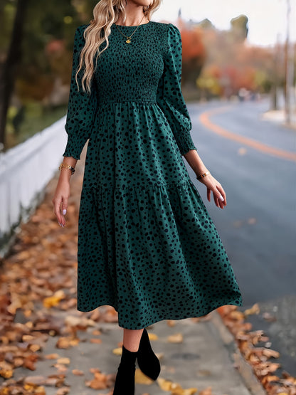 ZAFUL Spring Women's Clothing, Elegant Dress for Ladies with Long Sleeves and Round Neck Leopard Print, Commuting Elegant Dress, Women's Long Skirt