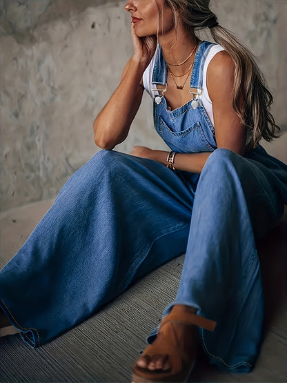 Chic Sleeveless Denim Jumpsuit - Relaxed Fit with Side Pockets, Adjustable Straps - Versatile Day-To-Night Apparel