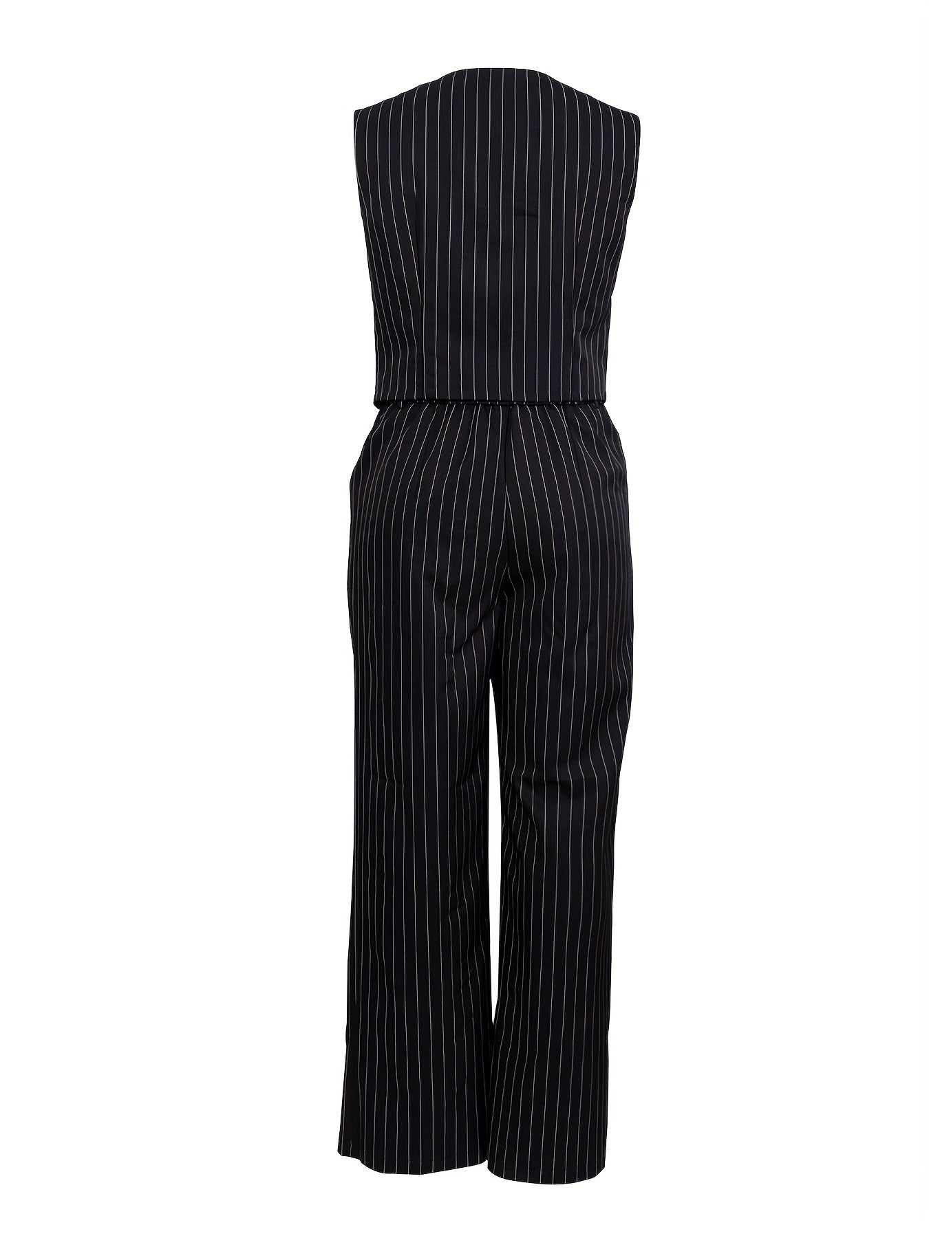 Chic Striped V-Neck Vest & High-Waisted Pants - Polyester, Comfortable Fit for All Seasons, Striped Vest Outfit|Classic Style|Vneck Design