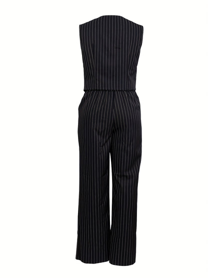 Chic Striped V-Neck Vest & High-Waisted Pants - Polyester, Comfortable Fit for All Seasons, Striped Vest Outfit|Classic Style|Vneck Design