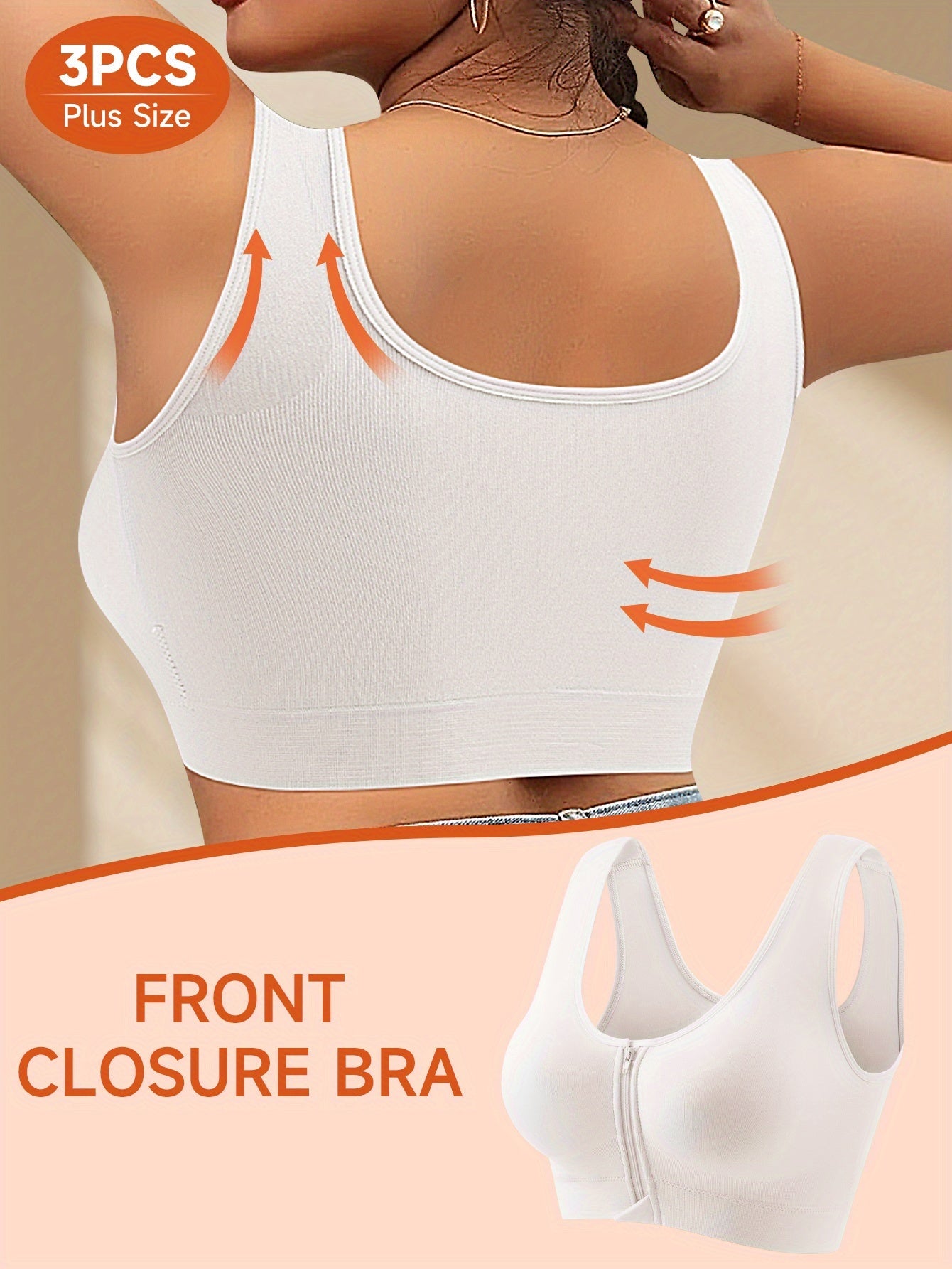 Set of 3 Women'S Plus-Size Bras Featuring a Front Zipper Closure - Designed for High Support, Non-Slip Fit, And Removable Padding. Available in White, These Bras Offer a Comfortable Fit And Sleek Design Suitable for Both Everyday And Formal Occasion