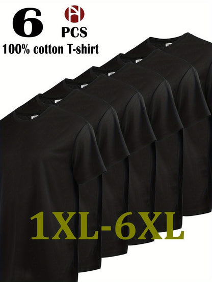 Men's 6-Pack Plus Size Cotton T-Shirts - Solid Color Crew Neck Basics