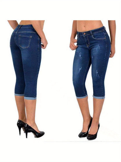 Women's Stretch Skinny Cropped Capri Jeans - Slim-Fit Denim Pants with Comfort Stretch Fabric, Machine Washable & Summer Casual Streetwear Style, Elastic Waist Jeans, Casual Attire, Modern Fashion, Durable Construction, Street Fashion, Western Style, Comf