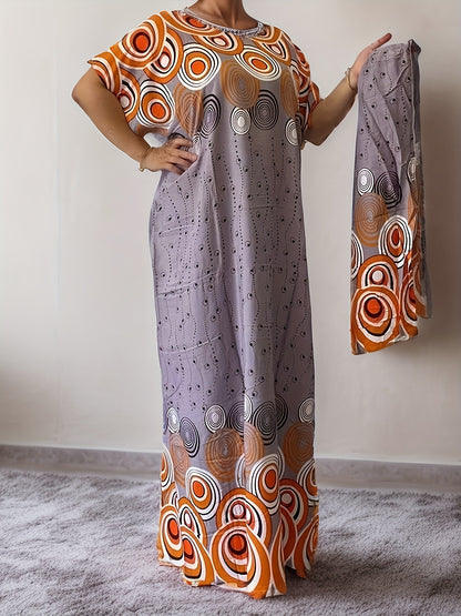 Geo Print Boat Neck Loose Dress, Elegant Batwing Sleeve Maxi Cover Up Dress, Women'S Clothing