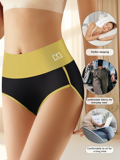 5pcs Women's High Waisted Underwear - Tummy Control Full Coverage Panties with Soft Seamless Briefs, Contrast Color Belt & Striped Minimalist design - Full-Elastic-Rim High- Triangle Briefs for Daily Wear (5pcs)