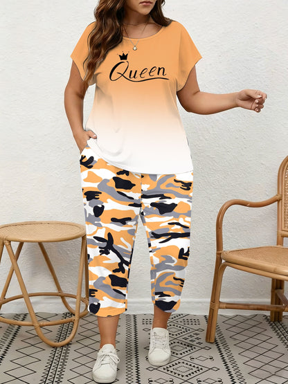 Plus Size, Spring/Summer Plus Size Women's 2pcs Set, Gradient Print And Queen Print, Round Neck Top with Capri Pants, Suitable for Home, Leis And Outings