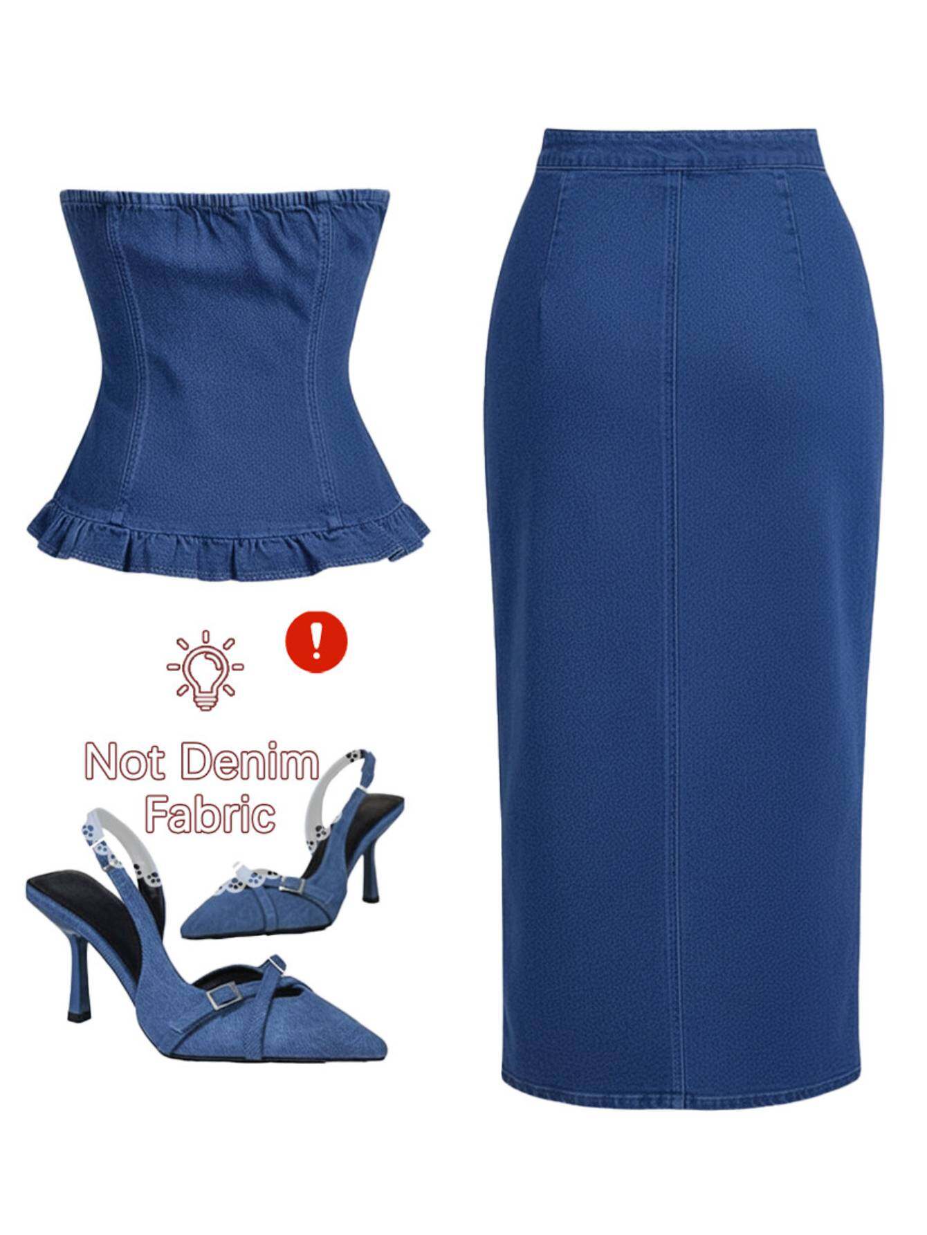 Women's Deep Blue Denim Ruffle Skirt - product view 3