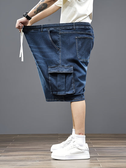 Mens Plus Size Denim Cargo Shorts, Big And Tall Elastic Waist Drawstring Jean Shorts For Men, Loose Fit Blue