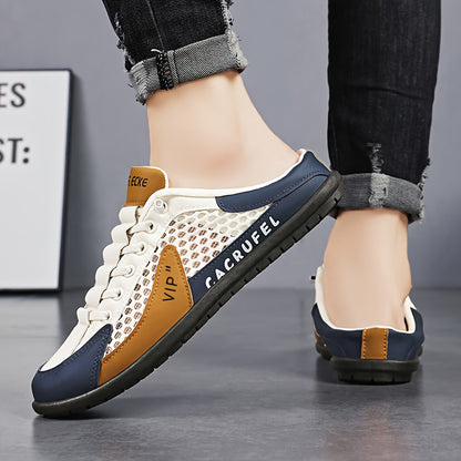 Men's Slip-On Sneakers - Anti-Slip Cushioned insole, Slip-Resistant PVC Sole - Slip-On Shoes for Gym, Beach, Casual - Navy/White/Beige - Lightweight Outdoor Shoes for Hiking, Running, Casual Attire, Sporty Roundtoe, Fabric Upper Breathability