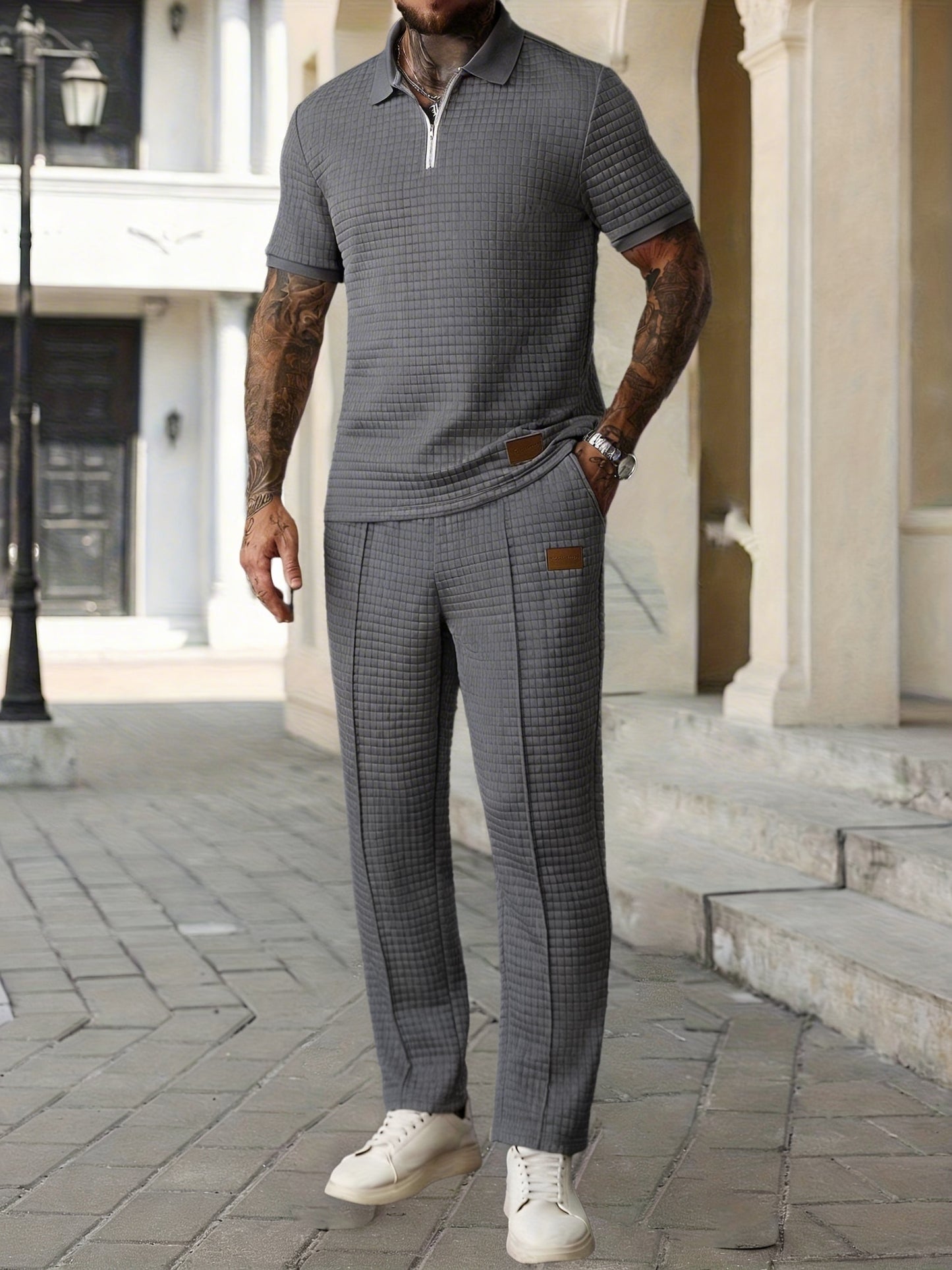 2pcs Men's Summer Commuter Casual Suit: Textured Fabric Half-zip Shirt Paired with Stitched Front Trousers, 2pcs Menswear, Vintage Style, Comfortable Fit.