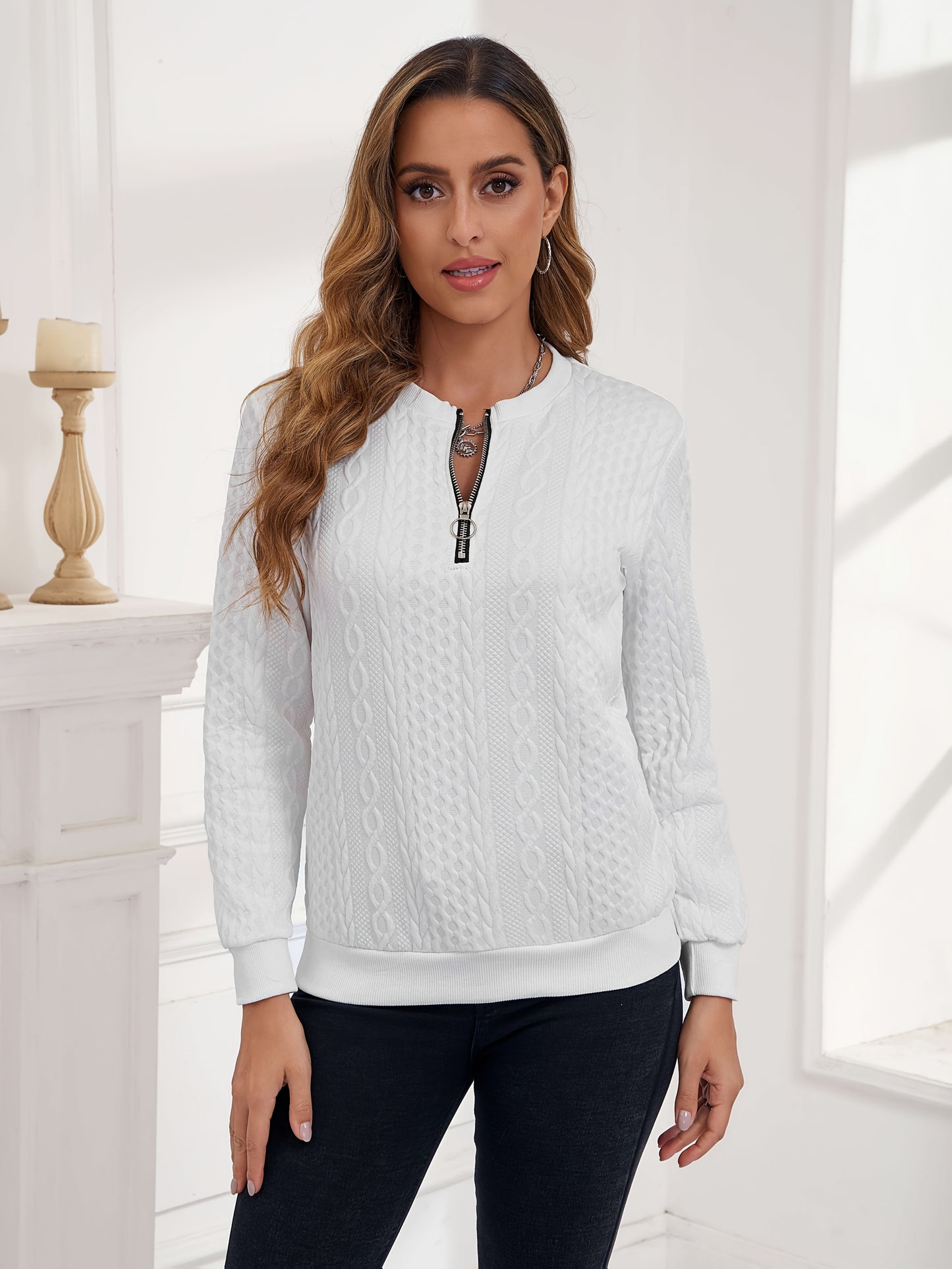 European And American Women's Fashionable Embossed Pullover Hoodie, Zipper Autumn And Winter Casual Long Sleeved Textured Top, Solid Color Long Sleeved Sportswear, Women's Clothing