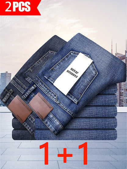Two-Piece Men's Jeans Set Seasonless Fashion Men's Classic Jeans Comfortable Stretch Straight-Leg Pants Suitable for Casual Business Wear, Everyday Leisure Outfits, and Travel Essentials