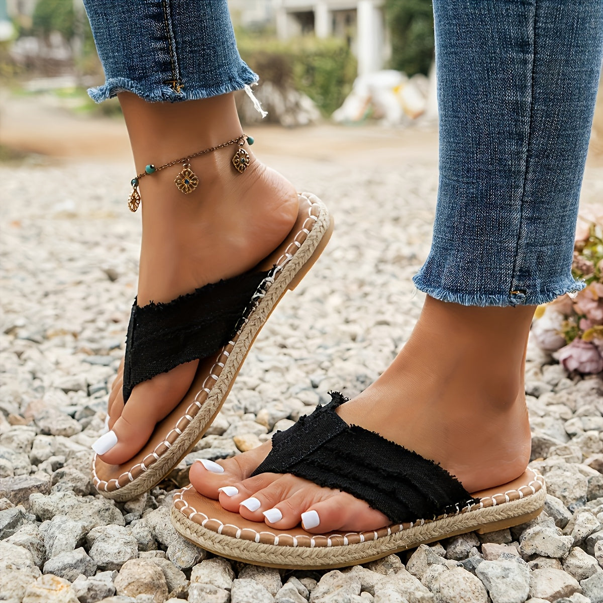 Summer Fringe Trim Thong Flip Flop Slide Slippers Sandals for Women, Flat Casual Footwear for Beach, Vacation & Daily Outdoor Wear | Shoes for Women | Womens Shoes Cheap | Local Warehouse Items for Women