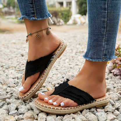Summer Fringe Trim Thong Flip Flop Slide Slippers Sandals for Women, Flat Casual Footwear for Beach, Vacation & Daily Outdoor Wear | Shoes for Women | Womens Shoes Cheap | Local Warehouse Items for Women