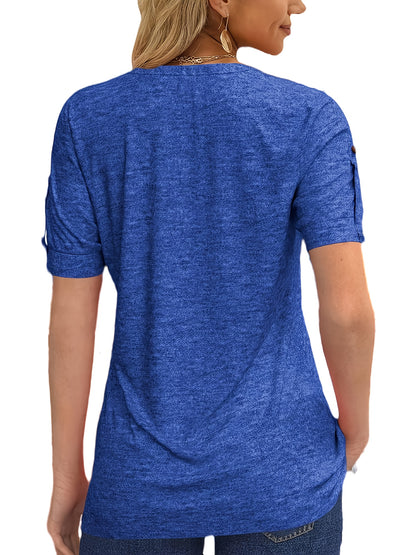 Casual Short-Sleeve T-Shirt for Women, Featuring a Pleated Design And V-Neck in Solid Colors, Perfect for Summer