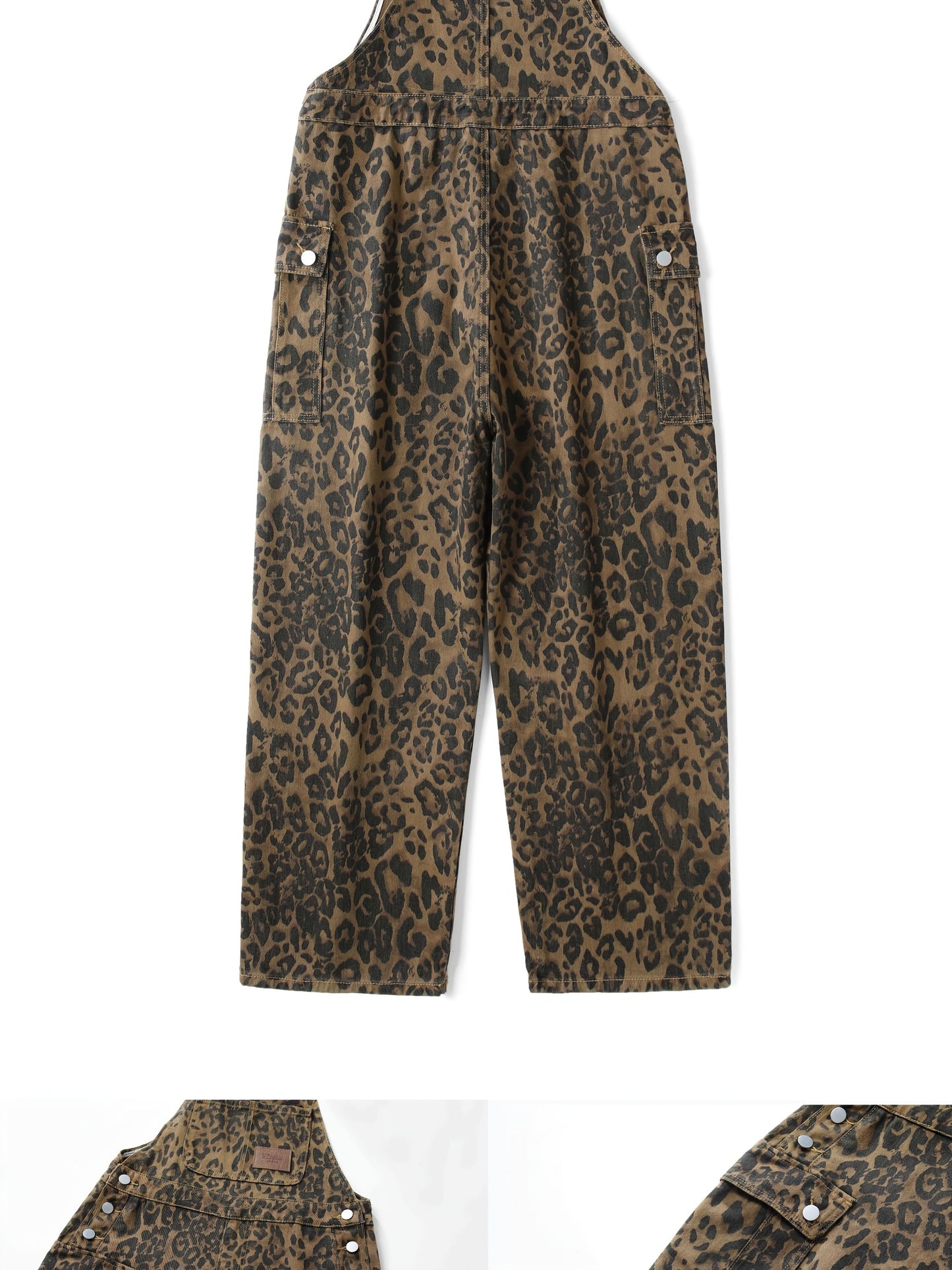 Fashion Multi-pocket Leopard Print Loose Denim Jumpsuit, Retro Old Trend Straight Wide-leg Pants Suitable for All Seasons.