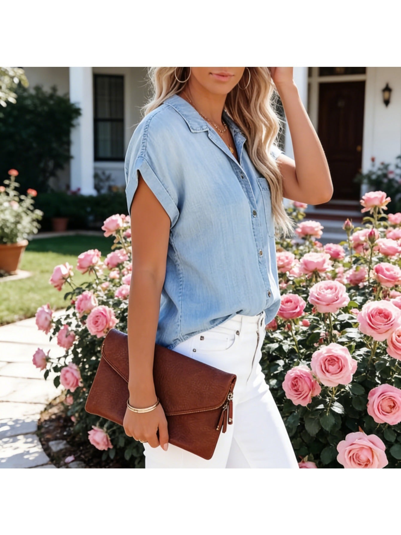 Women's Summer Denim Shirt Short Sleeve Oversized Casual Button T-Shirt Blue Jean Blouse Loose Fit Western Retro