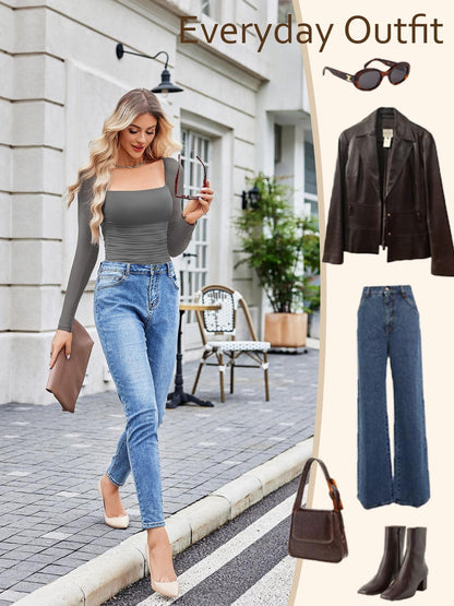 Women'S Square Neck Mesh Long Sleeve Bodysuit Shirts Ruched Body Suit Sexy Sheer Tops Date Night Outfit