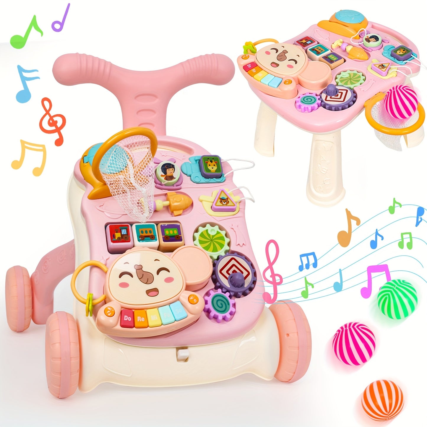 5-in-1 Baby Walker Sit-to-Stand Early Learning Walker for Toddlers Age 1+ Years Old, Baby Balance Bike/Push Walker/Activity Table/Detachable Panel with Music, for 12 Months+ Kids, Infant Boys&Girls