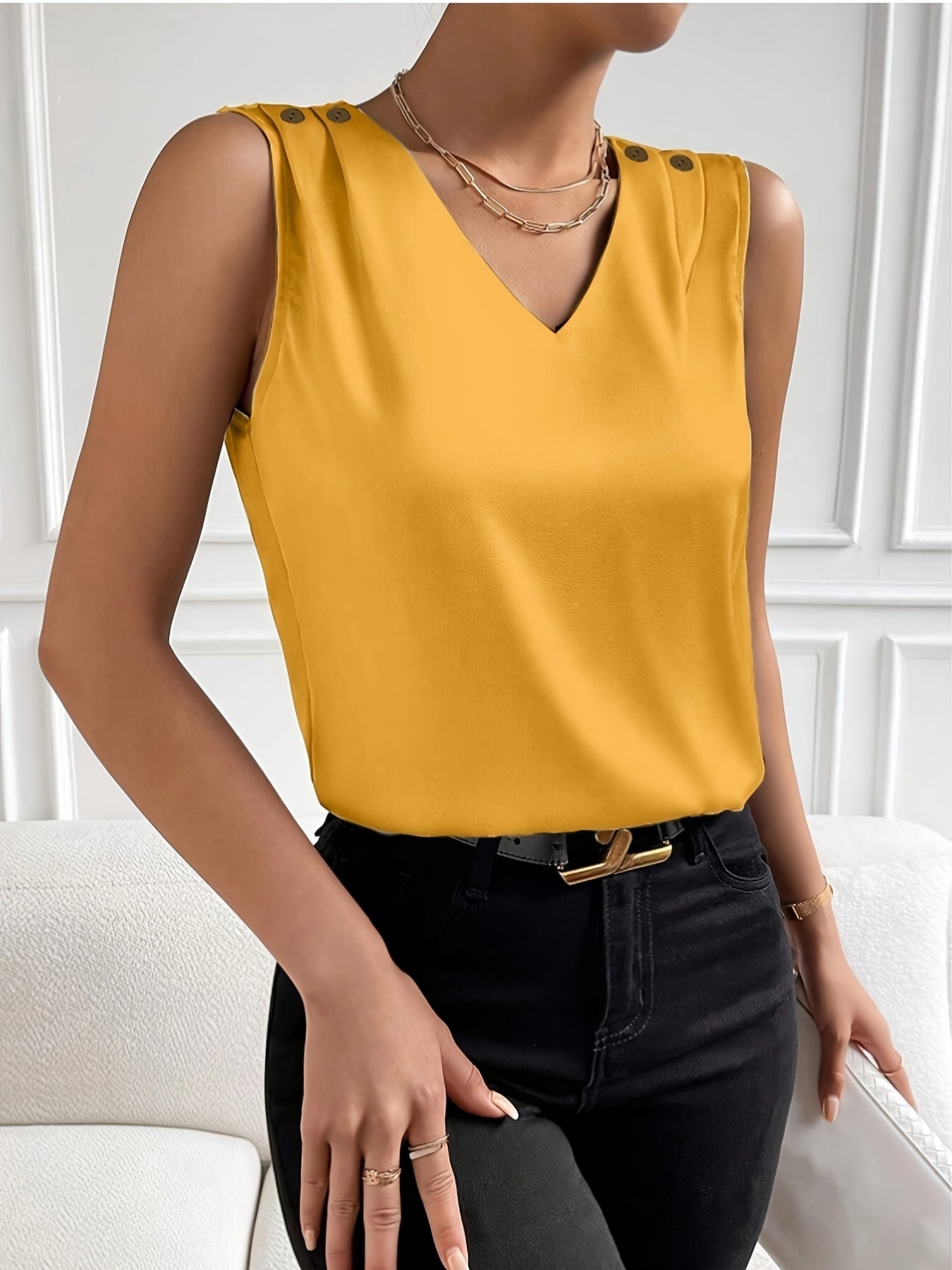[Summer Tank Top] Solid V-Neck Easy Tank Top, Elegant Button Sleeveless Tank Top for Summer, Women's Clothing