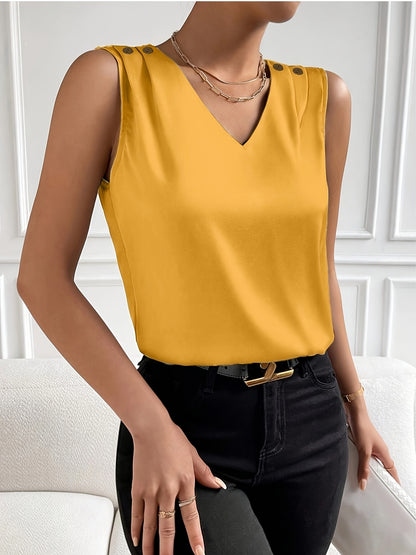 [Summer Tank Top] Solid V-Neck Easy Tank Top, Elegant Button Sleeveless Tank Top for Summer, Women's Clothing