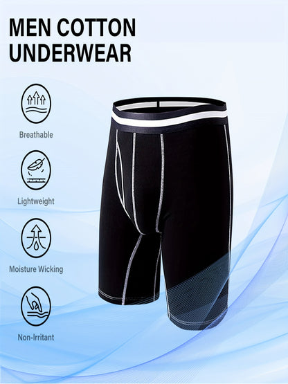 4pcs Men's Long Leg Cotton Underwear Total Support Pouch Boxer Briefs with Open Fly Pouch, Men's Cycling Sports Wear Bottoms, Moisture Wicking & Breathable Slimming Shapewear Body Shape for Men