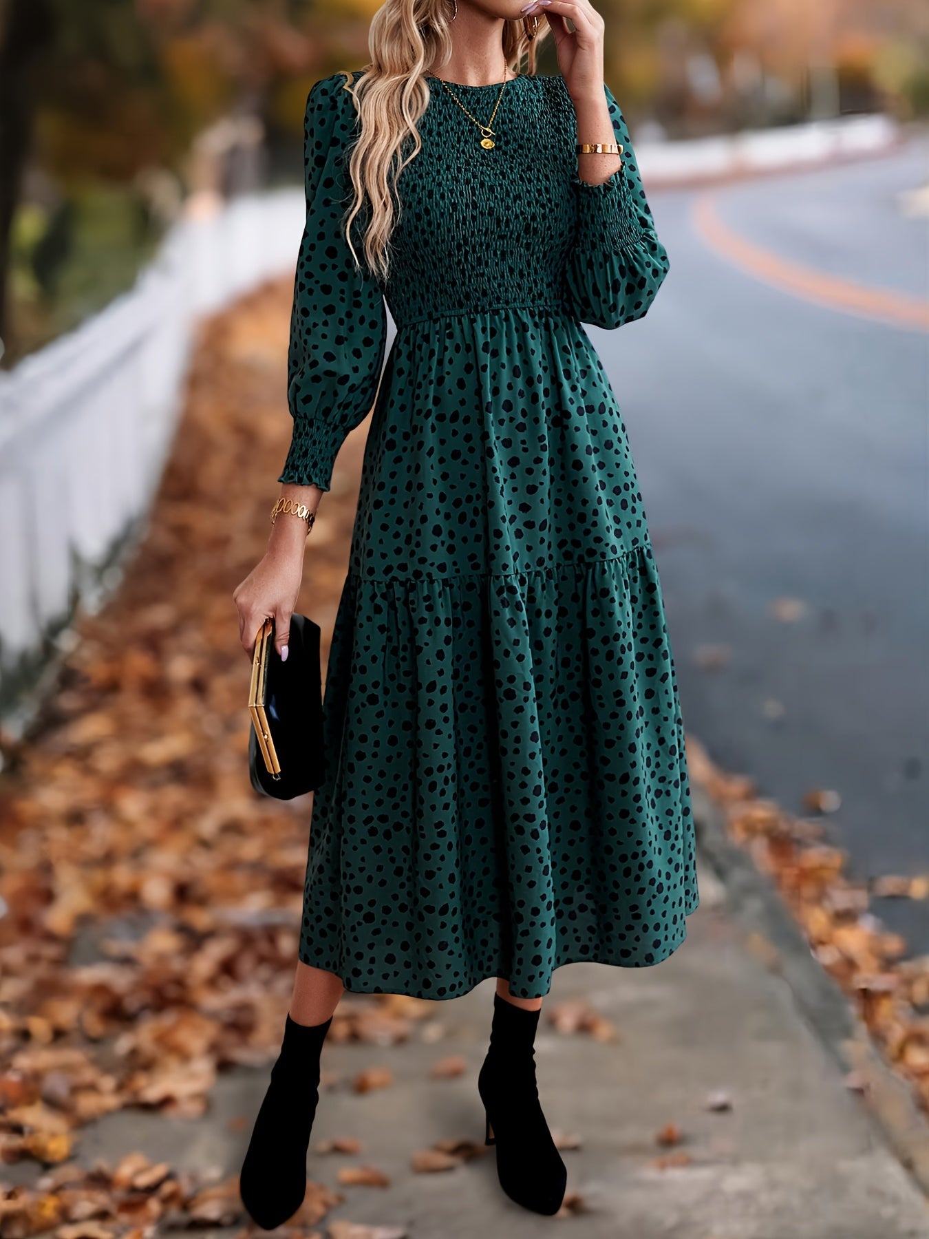 ZAFUL Spring Women's Clothing, Elegant Dress for Ladies with Long Sleeves and Round Neck Leopard Print, Commuting Elegant Dress, Women's Long Skirt