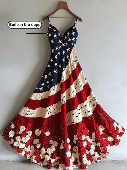 Women's Patriotic Maxi Dress - A-Line Silhouette, Suitable for Vacation, Leisure & Beach Outings, Loose Fit, National Flag Pattern, Sleeveless, V-Neck, Red National Flag Design with Built-In Cups