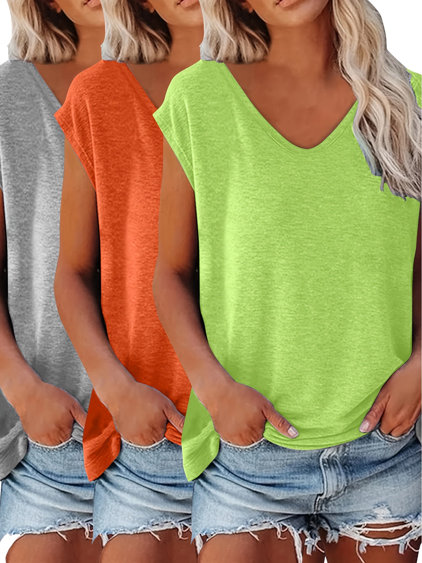 [3pcs V-Neck Vests] 3pcs Solid-Color V-Neck Vests, Casual Vests for Spring And Summer, Women's Wear