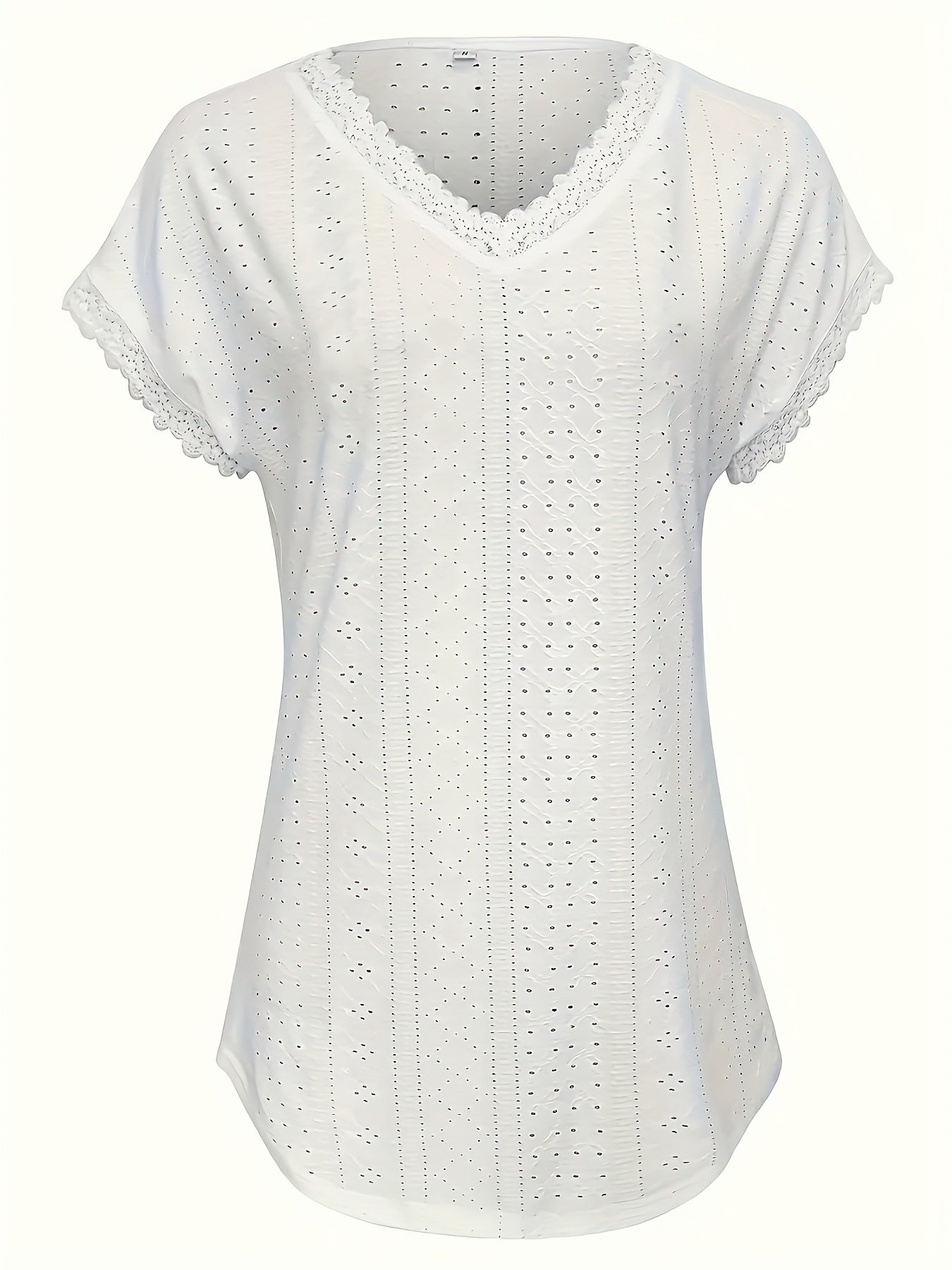Casual Wear] Women'S Elegant Eyelet Lace V-Neck Blouse - Casual Boho Chic Short Sleeve, Breathable - Blend, Solid Color With Delicate Lace Trim, Perfect For Spring/Summer