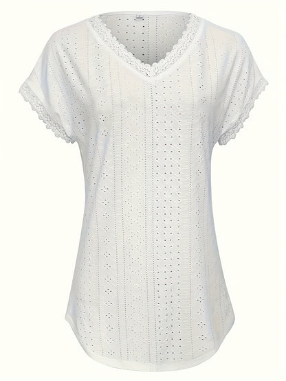 Casual Wear] Women'S Elegant Eyelet Lace V-Neck Blouse - Casual Boho Chic Short Sleeve, Breathable - Blend, Solid Color With Delicate Lace Trim, Perfect For Spring/Summer