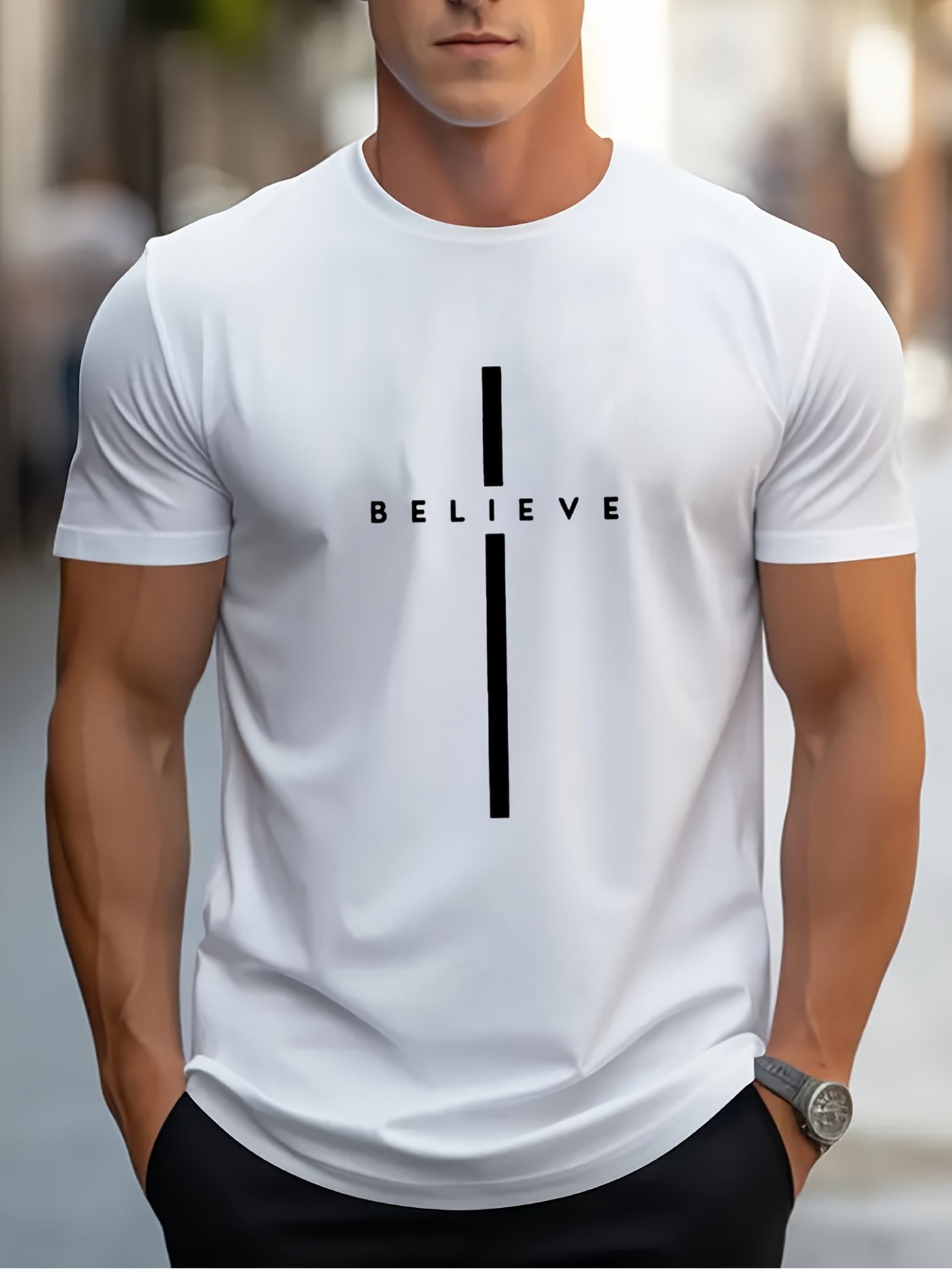 Men's BELIEVE Pattern T-Shirt- Black with White Print, Regular Fit Casual Summer Short Sleeve, Machine Washable, Street Style Design, Simple Comfortable Fabric, Lightweight Top, Trendy Streetwear Essential