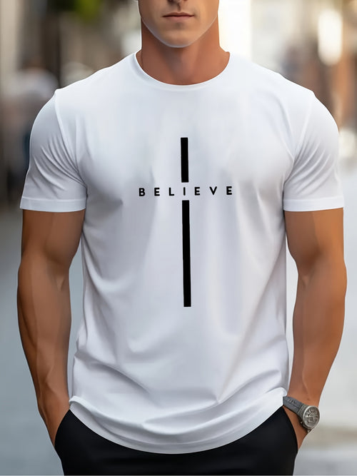 Men's BELIEVE Pattern T-Shirt- Black with White Print, Regular Fit Casual Summer Short Sleeve, Machine Washable, Street Style Design, Simple Comfortable Fabric, Lightweight Top, Trendy Streetwear Essential
